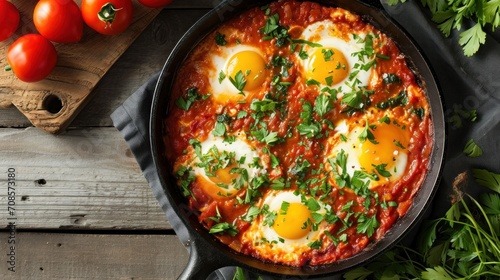 Shakshuka in skillet on wooden table, top view banner 