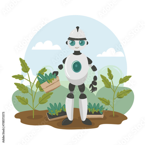 2d vector illustration colorful technology , ai robot farmer helping people at field with plant colorful design
