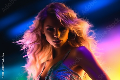 Attractive dancing blonde in a nightclub against the backdrop of disco lights.