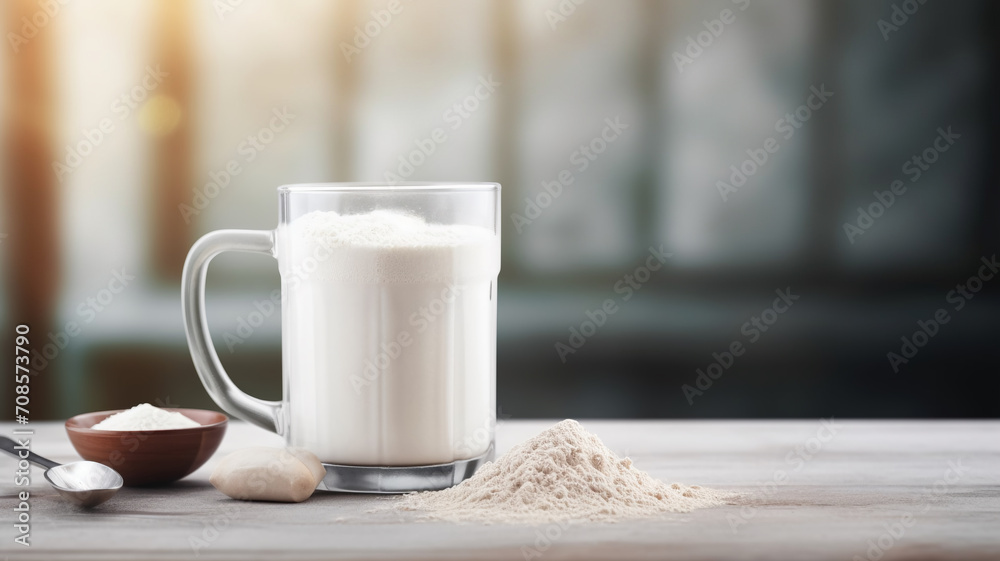 Frothy collagen protein powder shake in a clear mug with powder spoon scoop on wooden table with banner copy space free mockup product display Frothy collagen protein powder shake in a clear mug with powder spoon scoop on wooden table with banner copy space free mockup product display