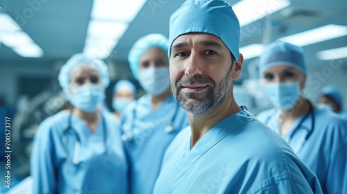 portrait a man surgeon and his team. Doctor's Day, help and medicine, banner photo