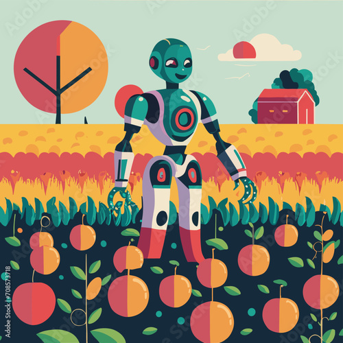 2d vector illustration colorful technology , ai robot farmer helping people at field with plant colorful design
