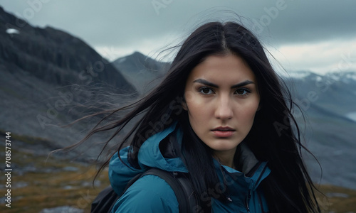 Portrait of a girl with dark long hair in tourist clothes against the background of gloomy landscapes of Iceland