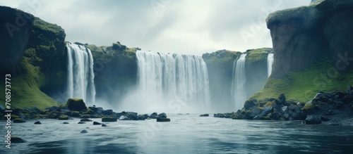 Scenic waterfall in front of a beautiful landscape, created with AI photo