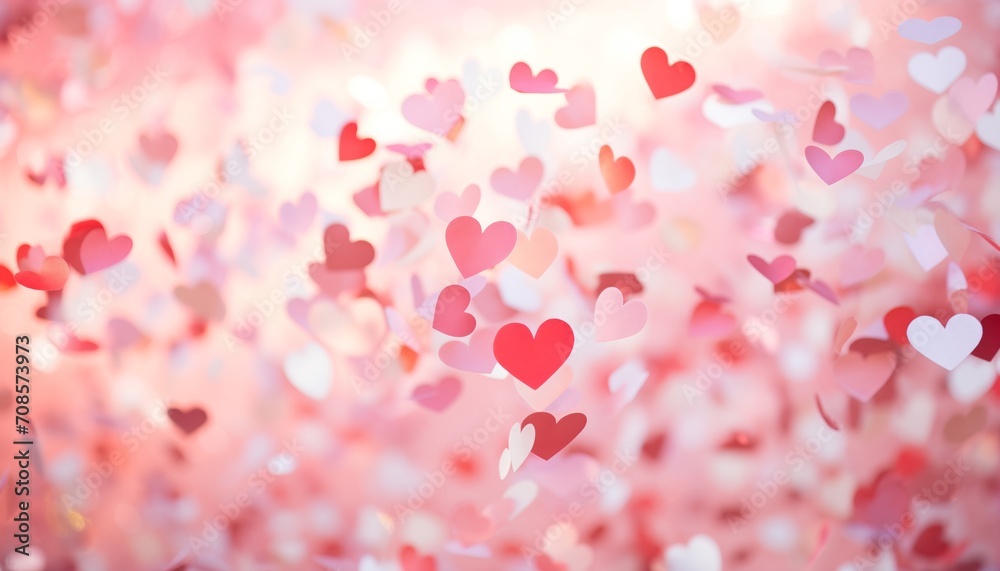 Heart-shaped confetti flung up on a pink background. Concept of love, romance and Valentine's day.