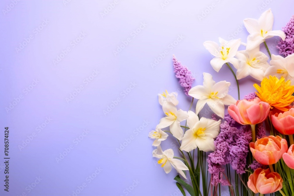 mixed spring flower colorful bouquet on soft blue background, festive floral backdrop with space for text