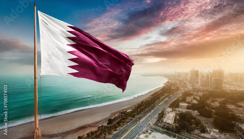 Qatar national flag waving in beautiful sky. photo