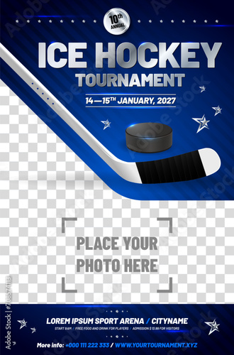 Ice hockey tournament poster template with stick, puck and place for your photo photo