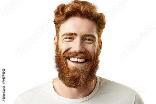 Close-up portrait of a handsome redheaded Irishman smiling with white teeth