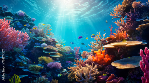 Colorful underwater coral reef, colorful fish and sun rays penetrating underwater surface