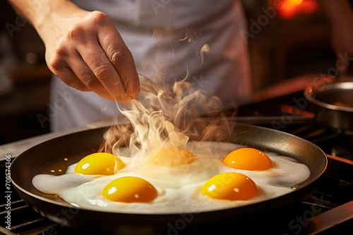 Close-up shot of frying pan on stove with fried eggs and cook's hand photo
