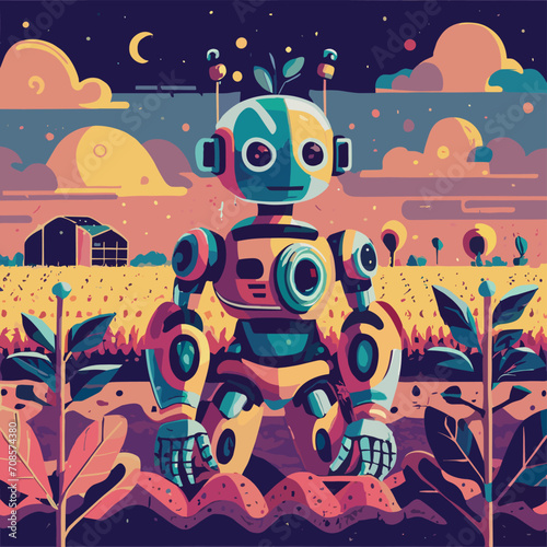 2d vector illustration colorful technology , ai robot farmer helping people at field with plant colorful design
