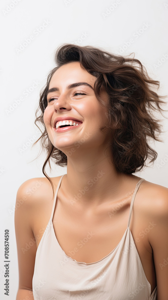 Beautiful blonde woman smiling touching her face with white teeth and happy expression wearing white shirt created with Generative AI Technology