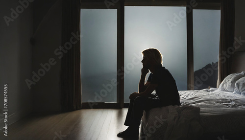 Silhouette depressed man sadly sitting on the bed in the bedroom in the night