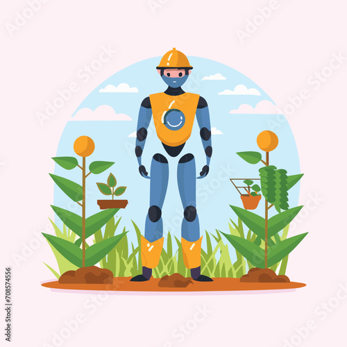 2d vector illustration colorful technology , ai robot farmer helping people at field with plant colorful design
