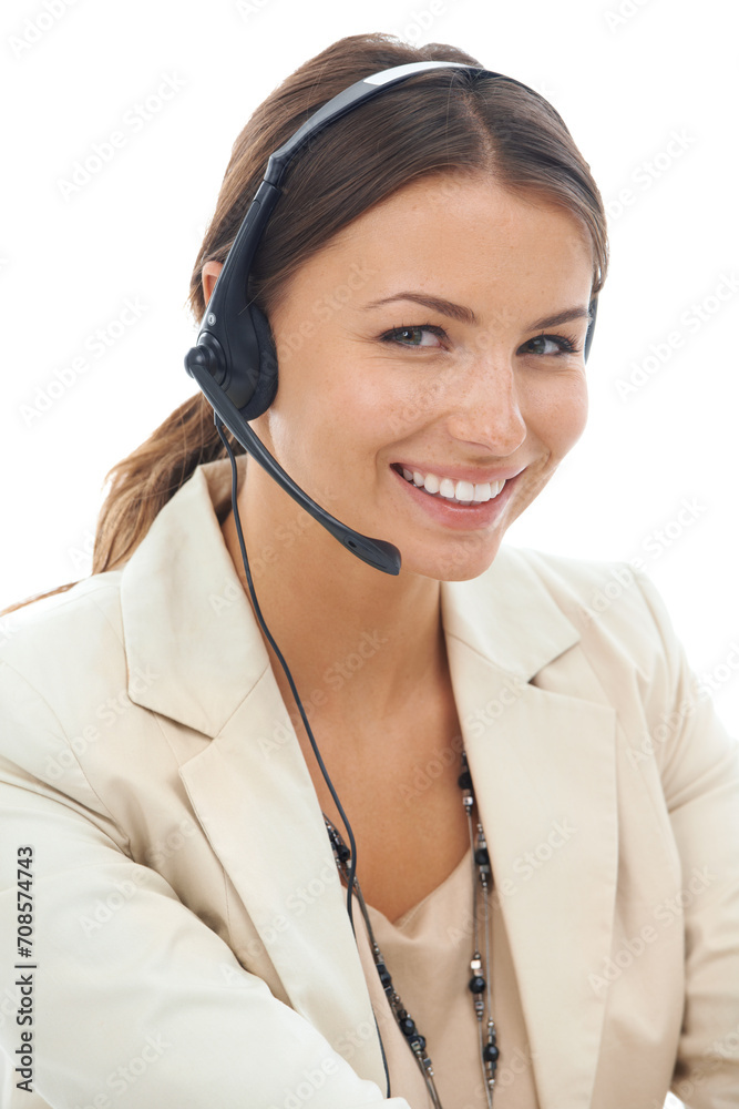 Happy woman, portrait and headphones in call center for consulting or telemarketing on a white studio background. Face of female person, consultant or agent smile with headset for online help advice Happy woman, portrait and headphones in call center for consulting or telemarketing on a white studio background. Face of female person, consultant or agent smile with headset for online help advice