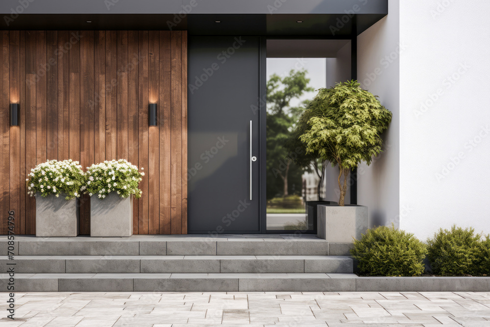 Entrance to modern family house - doors, stairs, ornamental shrubs and paved walkway - obrazy, fototapety, plakaty 