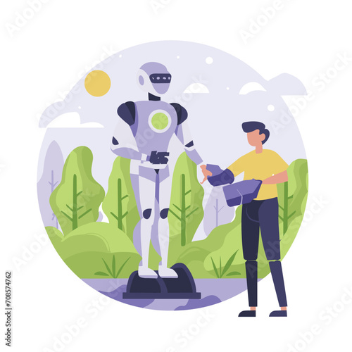 2d vector illustration colorful technology , ai robot farmer helping people at field with plant colorful design
