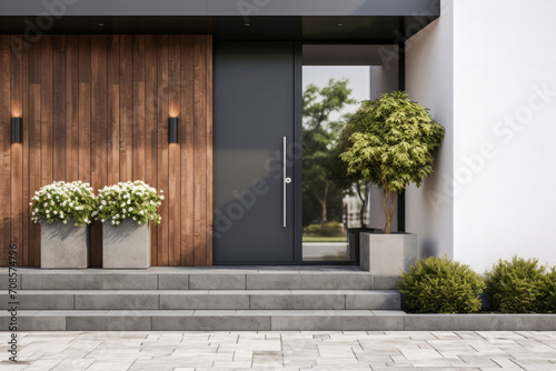 Fotografering Entrance to modern family house - doors, stairs, ornamental shrubs and paved wal