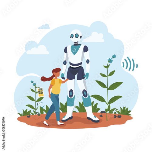 2d vector illustration colorful technology , ai robot farmer helping people at field with plant colorful design
