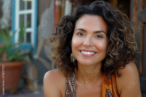Portrait of a confident, smiling middle-aged Hispanic woman in her 40s or 50s, radiating positivity outdoors, showcasing Latin American pride photo