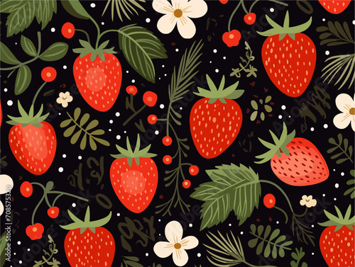 Vector bright summer pattern with berries and 
flowers of strawberry on black
background. Floral fashion ornament for fabric, 
paper, textiles, 
notepad, women clothing, card, packaging.