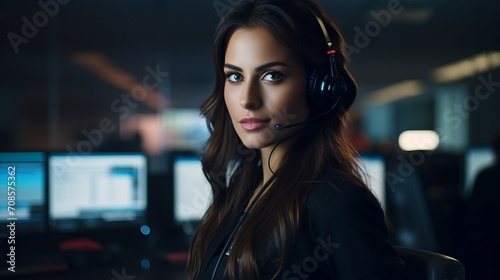 Close-up of a beautiful attractive dispatcher woman in the office. Security control room, communication headset, employee speaking and checking the surveillance system.