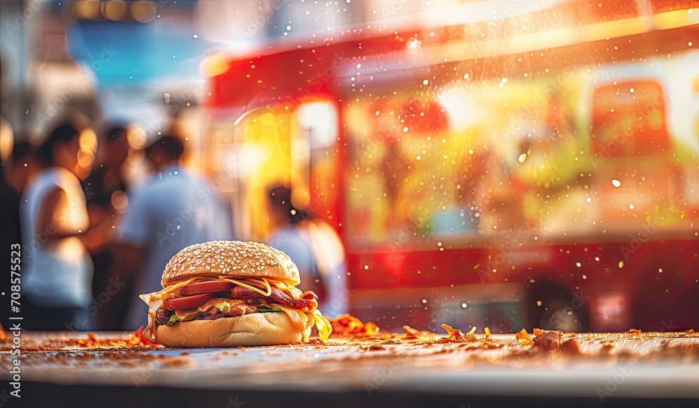 Food truck serving food, open store in a festive atmosphere, created
