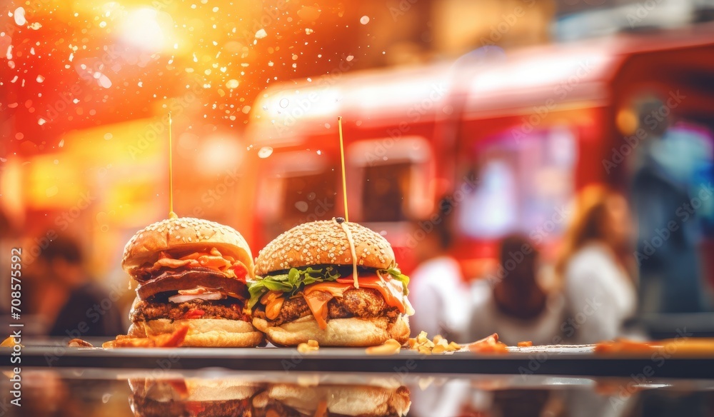 Food truck serving food, open store in a festive atmosphere, created