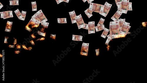 The ruble or rouble the currency banknote of Belarus and Russia burn out fire burning effect for money loss, waste, problem, crisis concept animation