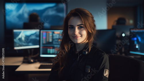 A friendly smiling female call center operator, a dispatcher with a headset using a computer, smiles sweetly in the office.