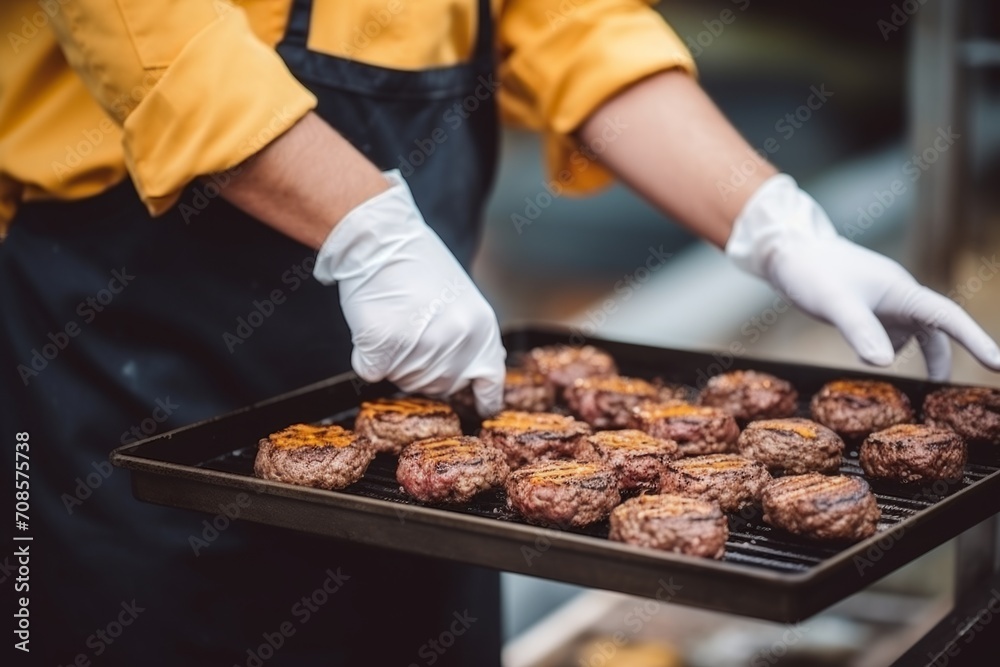 Fast food order preparation chef burgers cooking meat steak meal restaurant indoor service employees working hamburger cheeseburger lunch meat buns bread frying cafeteria cafe oven american close-up