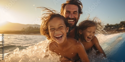 Joyful family moments captured during a surfing lesson on their sun-soaked vacation , concept of Excitement © koldunova