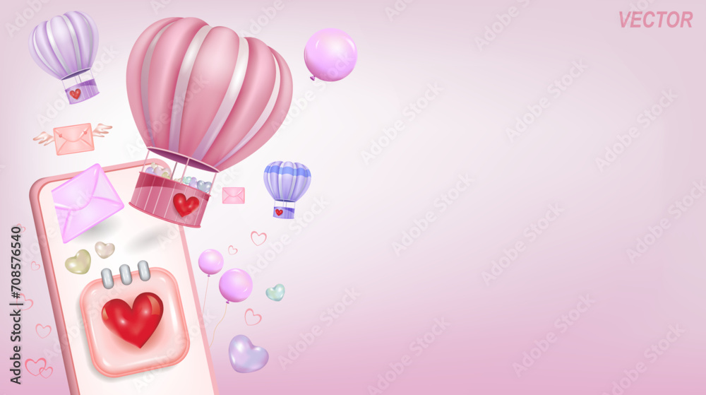 Valentine's Day, balloon and hearts on a light background.
Greeting card, banner. A place to copy.