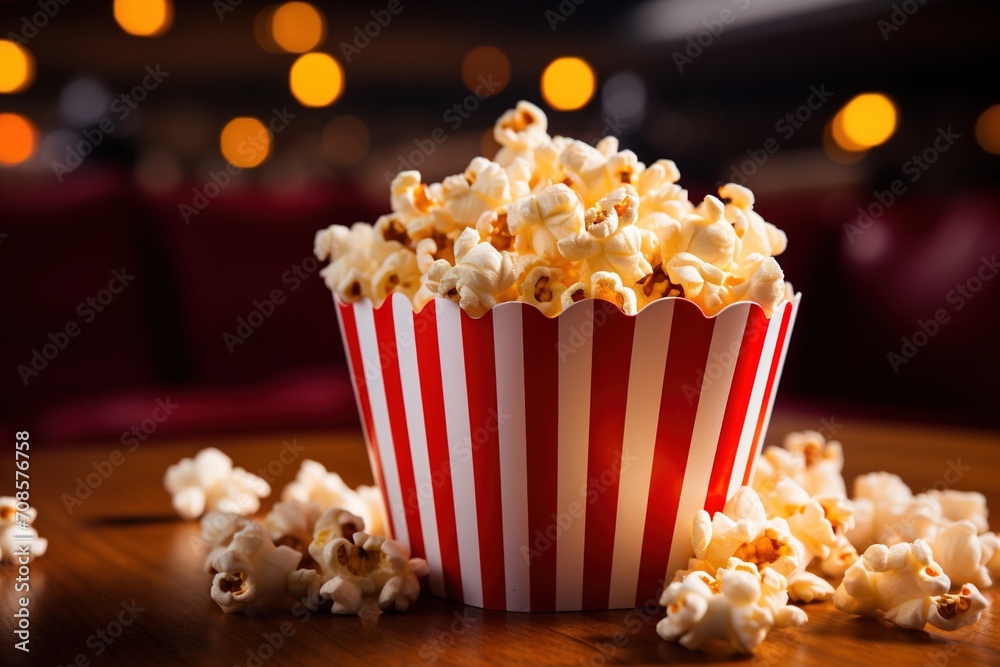 A red and white striped container filled with popcorn sits on a table with spilled popcorn. A red and white striped container filled with popcorn sits on a table with spilled popcorn.