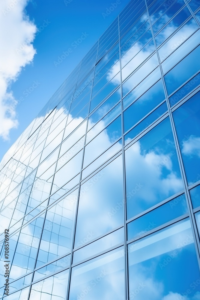 Blue glass skyscraper reflecting clouds