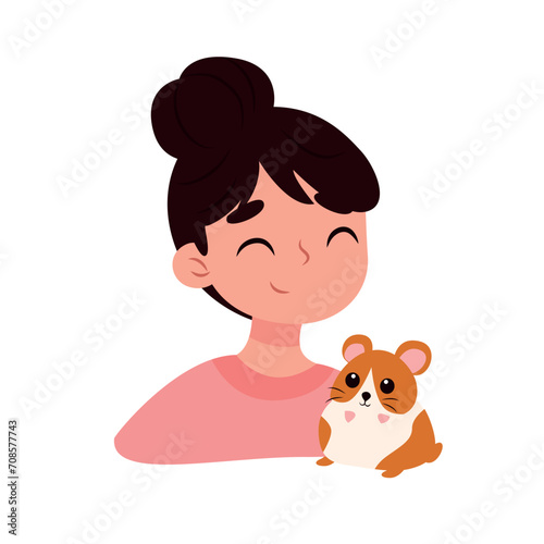 Cute little girl with a hamster. Vector illustration in cartoon style.