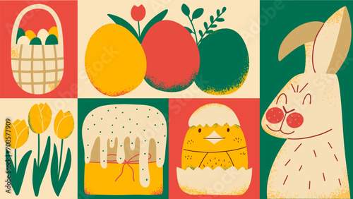 Happy Easter geometric pattern. Modern holiday abstract background with texture. Easter eggs, funny bunny. Vector illustration in hand draw style.