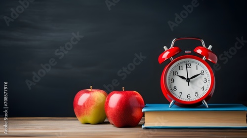 Alarm clock, school supplies and fresh red apple against blackboard background. Back to school or education concept