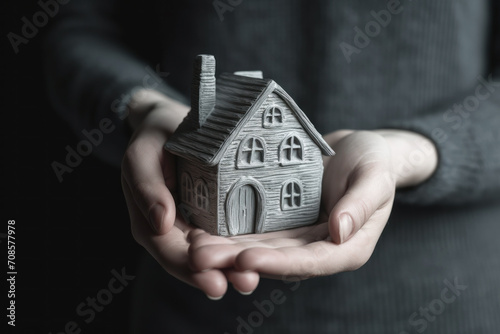 Close-up of female hands holding a small ceramic statuette at house. Generated by AI.