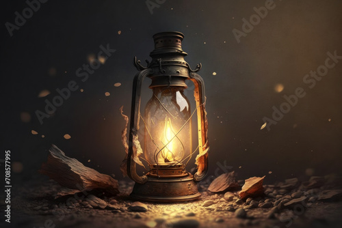 Lit vintage rusty kerosene lamp on a dark background with flying dust particles. Created using generative AI.