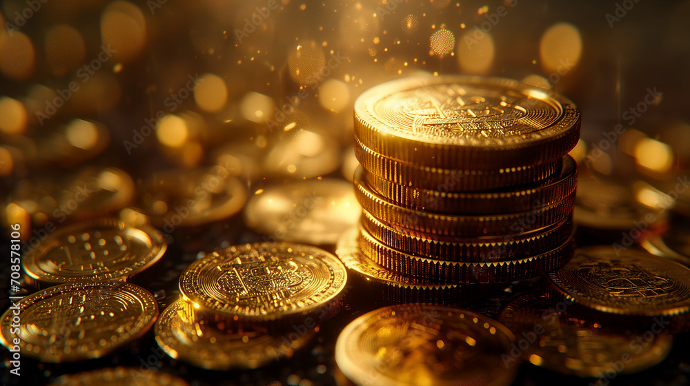 Stack of golden coins on luxury background with earning profit concept. Gold coins or currency of business. 3D rendering, Mountain of gold coins, casino gold coin explosion illustration cash win - obrazy, fototapety, plakaty 