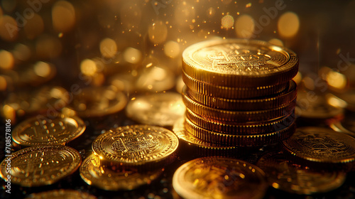 Stack of golden coins on luxury background with earning profit concept. Gold coins or currency of business. 3D rendering, Mountain of gold coins, casino gold coin explosion illustration cash win photo