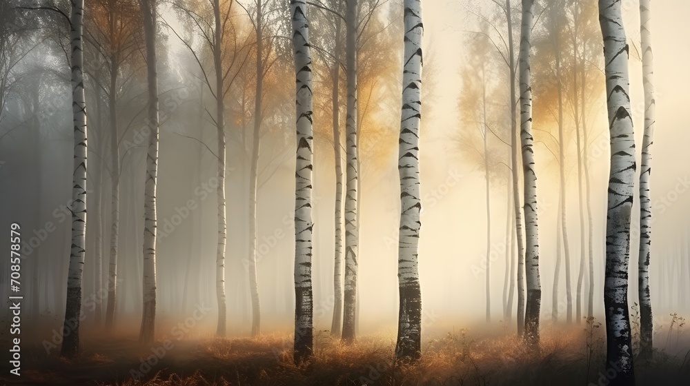 Beautiful nature landscape with birch trees grove in the morning fog. - obrazy, fototapety, plakaty 
