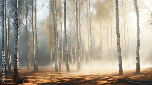 Beautiful nature landscape with birch trees grove in the morning fog. photo