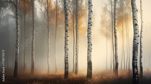 Beautiful nature landscape with birch trees grove in the morning fog.