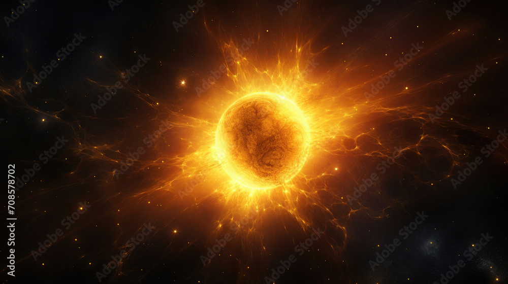 © AstraNova - bright big yellow sun in space constellation stars rays of solar light heat on dark in dark outer space