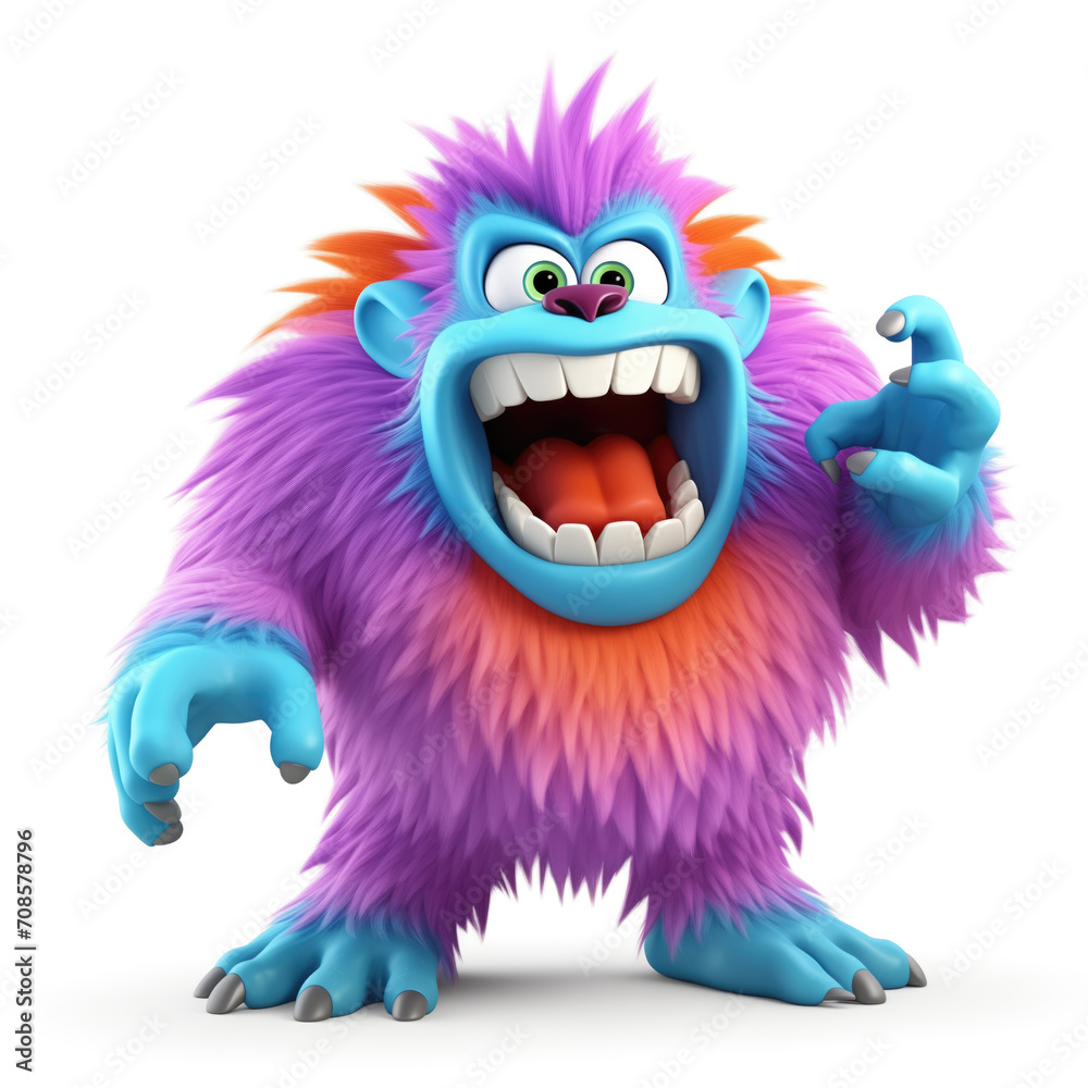 Angry funny furry monster showing its wild side, roaring and showing claws	