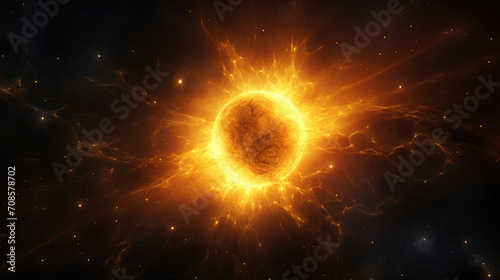 bright big yellow sun in space constellation stars rays of solar light heat created with Generative AI Technology photo