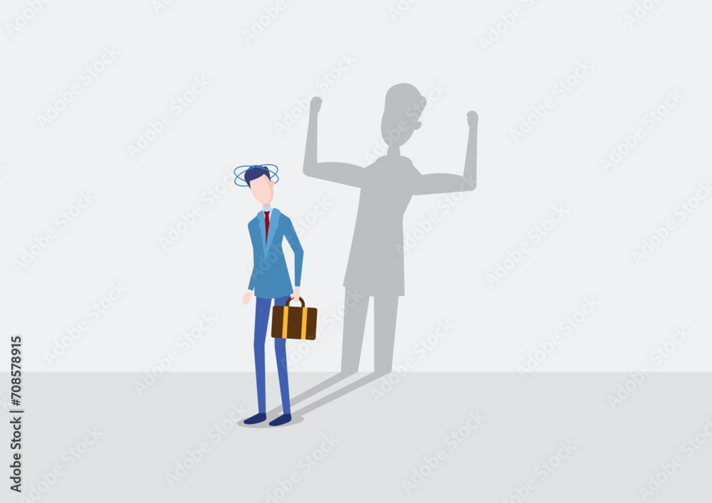 Self-confidence or leadership to bring full potential and power, motivation to achieve business success concept, self-doubt businessman standing with his skilled self-shadow on the wall
